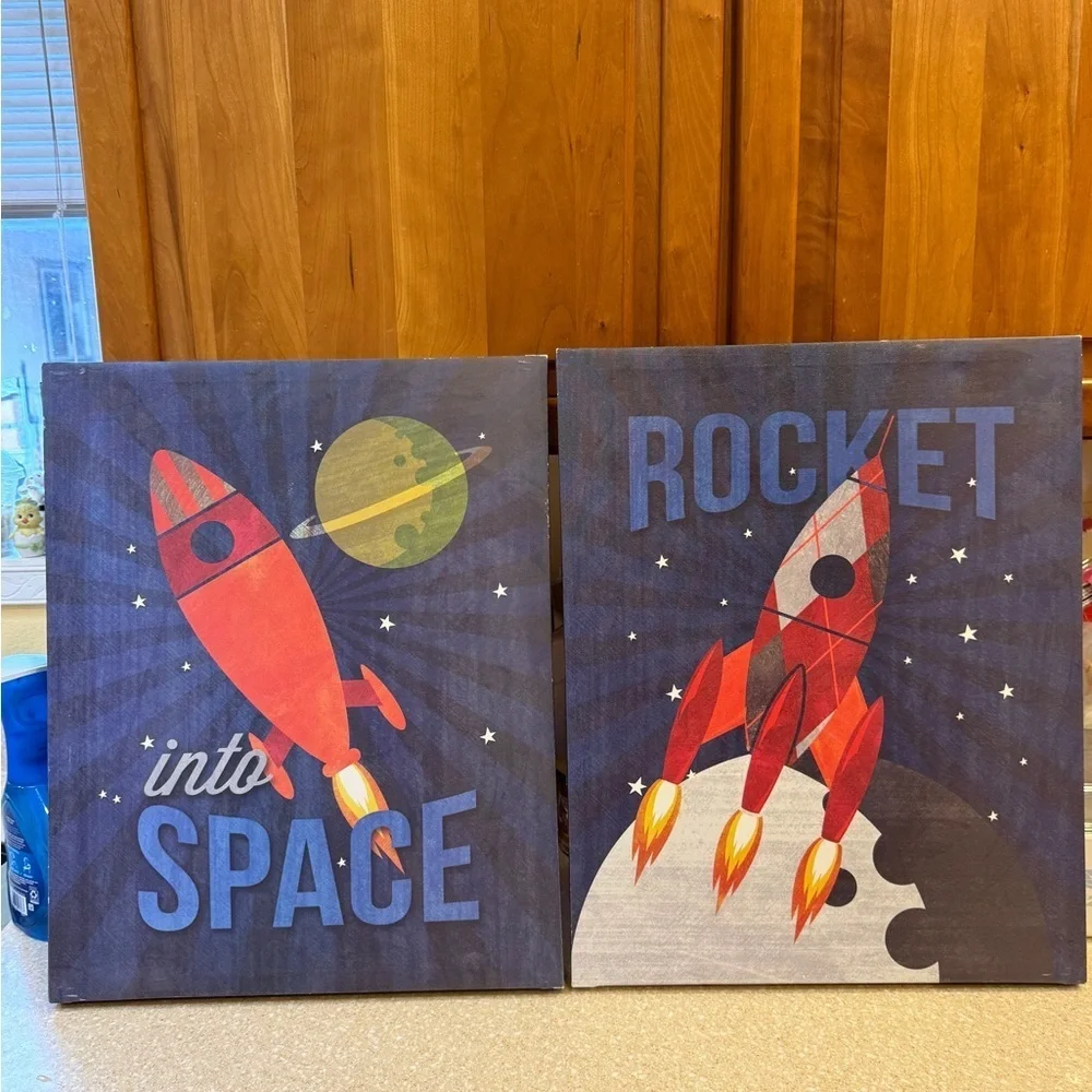 Red Rocket Wall Art Into Space 20x16 Blue Background for Target 2 Canvas’s